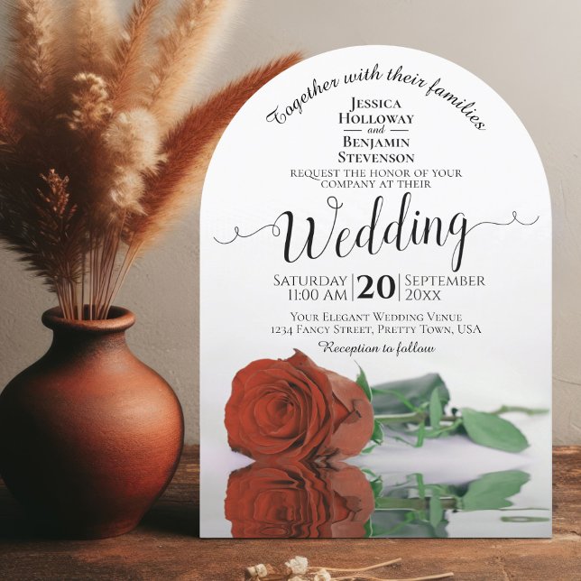 Reflecting Rust Orange Rose Elegant Arch Wedding Invitation (With Arch Cut)