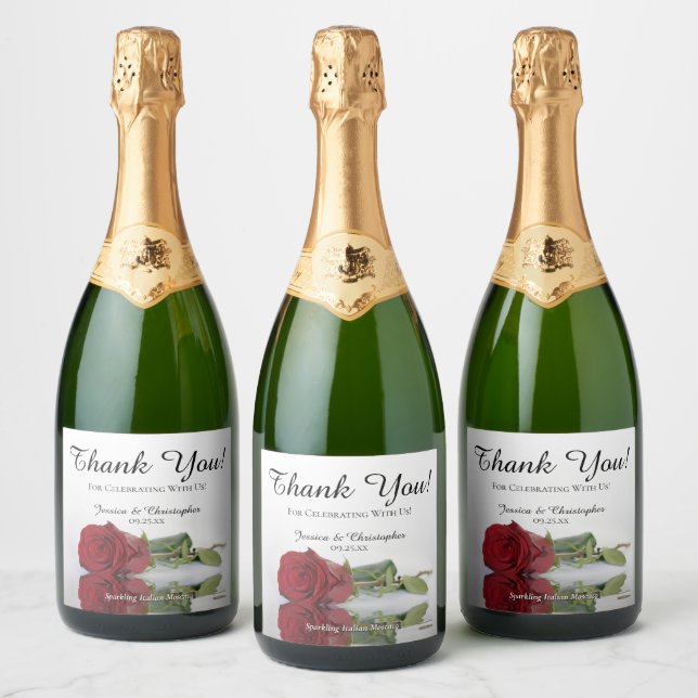 Reflecting Single Red Rose Wedding Thank You Sparkling Wine Label (Bottles)
