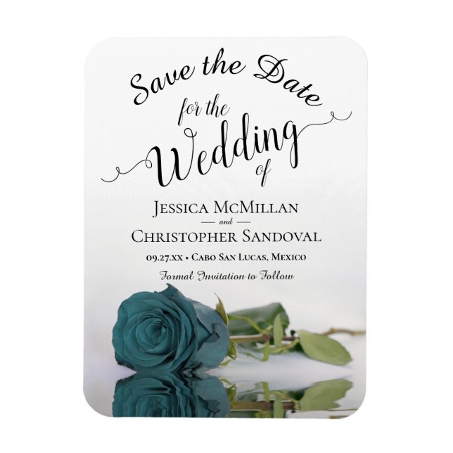 Reflecting Teal Rose Elegant Wedding Save the Date Magnet (Vertical)
