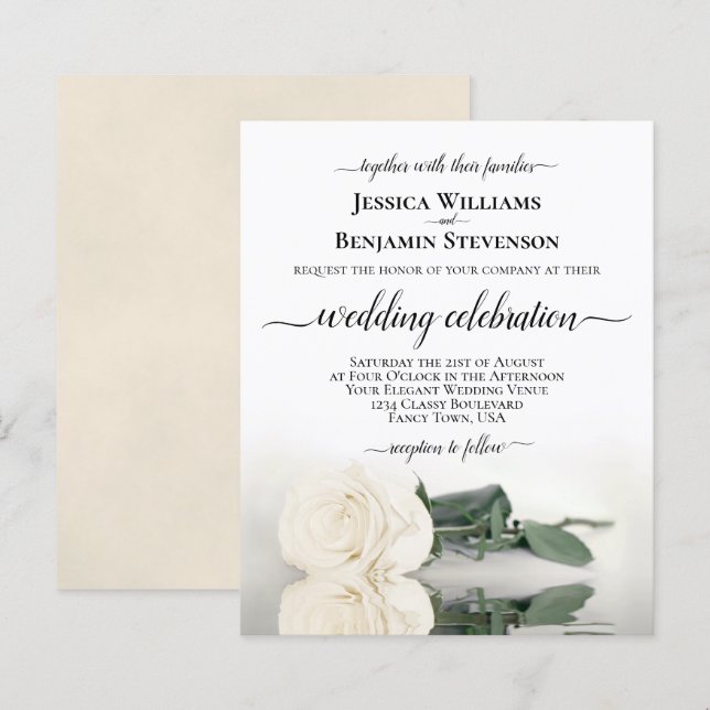 Reflecting White Rose BUDGET Wedding Invitation (Front/Back)