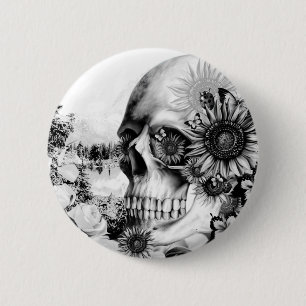 Reflection. Floral landscape skull. 6 Cm Round Badge