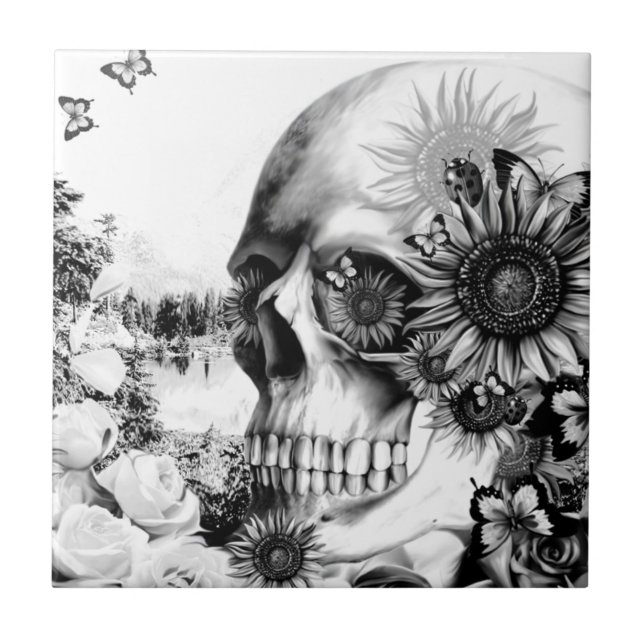 Reflection. Floral landscape skull. Ceramic Tile (Front)