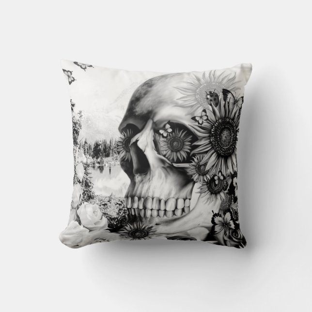 Reflection. Floral landscape skull pillow. Cushion (Front)