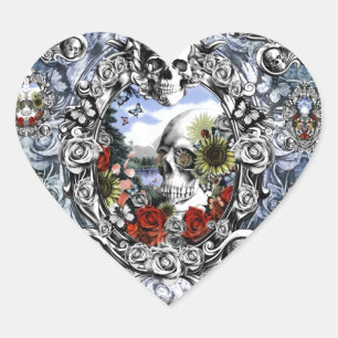 Reflection landscape skull in ornate frame heart sticker