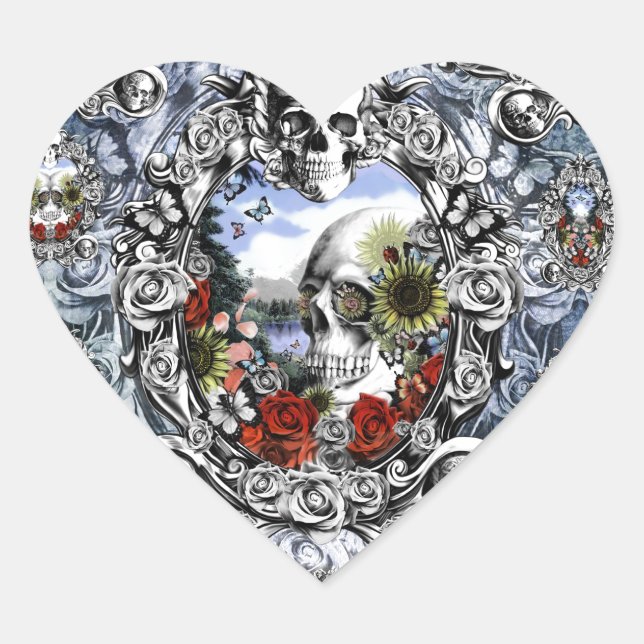 Reflection landscape skull in ornate frame heart sticker (Front)