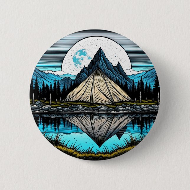 Reflection of a Tent on the Lake in the Mountains 6 Cm Round Badge (Front)
