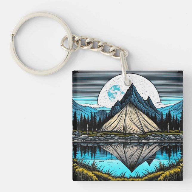 Reflection of a Tent on the Lake in the Mountains Key Ring (Front)