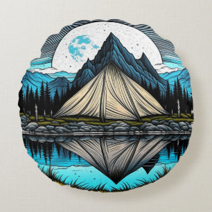 Reflection of a Tent on the Lake in the Mountains Round Cushion