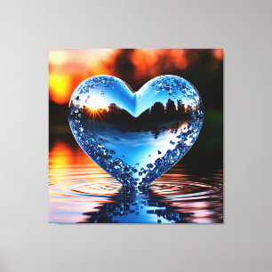 Reflective Blue Heart in Water at Sunset Canvas Print