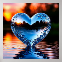 Reflective Blue Heart in Water at Sunset 