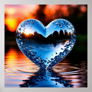 Reflective Blue Heart in Water at Sunset  Poster