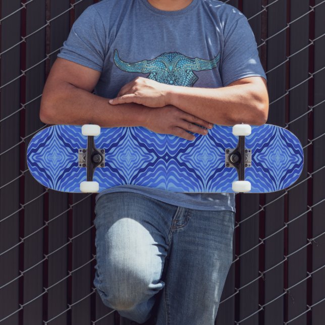 Reflective Blue Waves Modern Abstract Design Art Skateboard (Outdoor 3)