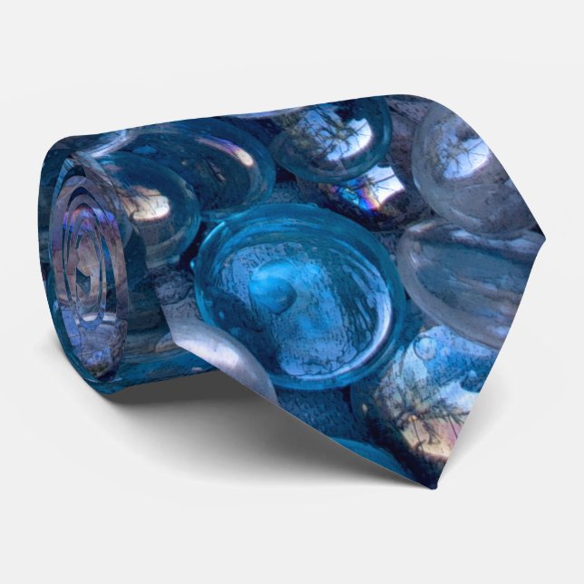 Reflective Watery Blue and Clear Glass Marbles Tie (Rolled)