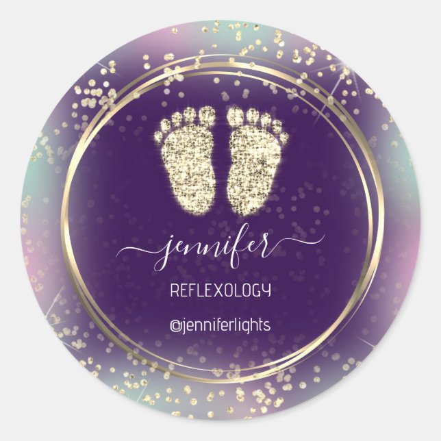 Reflexology Heart Feet Holograph Gold Frame Purple Classic Round Sticker (Front)