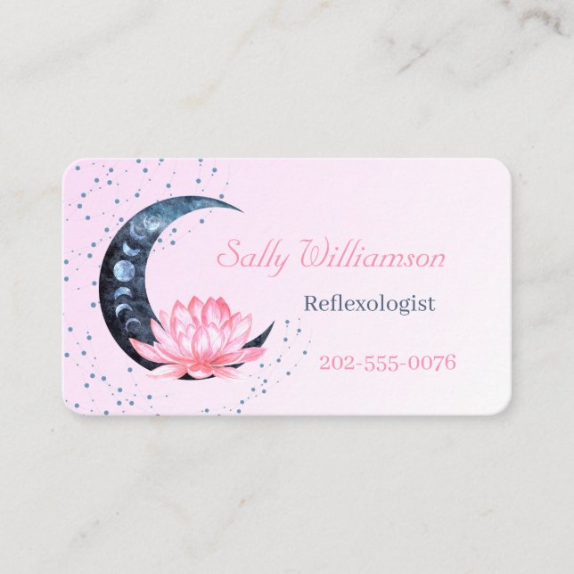Reflexology QR Code Pink Lotus Flower Moon Business Card (Front)