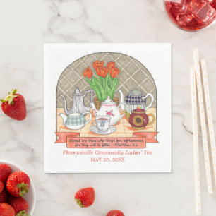 Refreshing Teapots and Tulips Coral Tea Party Napkin
