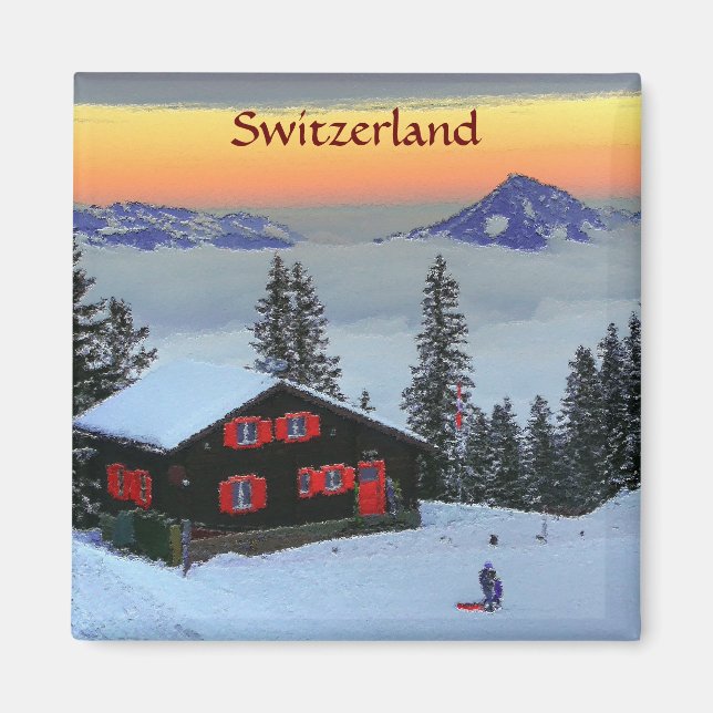 Refrigerator Magnet Snowy Switzerland at sunset (Front)