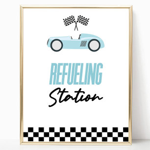 Refueling Station Blue Race Car Drink Table Sign