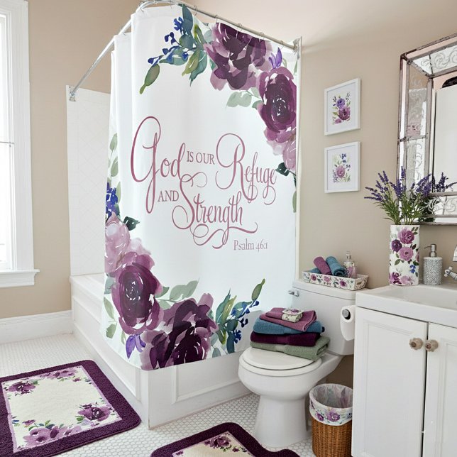 Refuge and strength purple floral  shower curtain (Creator Uploaded)