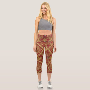 Regal Activewear: Golden Red Ornate Mara Trumpet  Capri Leggings