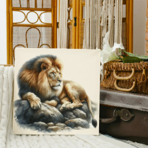 Regal African Lion Resting on a Rock - Watercolor Canvas Print