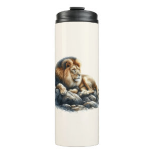 Regal African Lion Resting on a Rock - Watercolor Thermal Tumbler