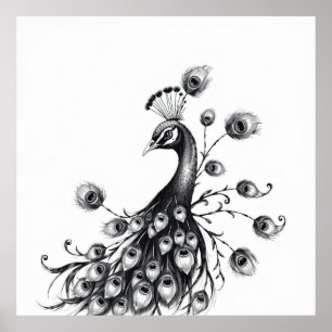 Regal Beauty: Peacock Charcoal Art Poster
