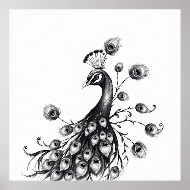 Regal Beauty: Peacock Charcoal Art Poster (Front)