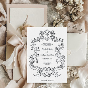 Regal Black and White   Baroque Frame Wedding Invitation