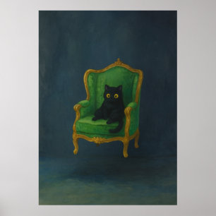 Regal Black Cat on Green Armchair Poster