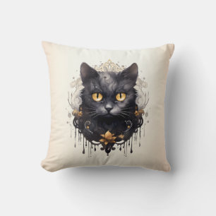 Regal Black Cat Rhinestones Gold Halloween Cushion