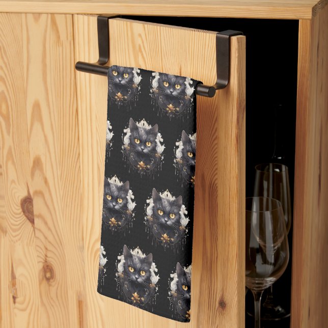 Regal Black Cat Rhinestones Pattern Halloween Tea Towel (Thirds Fold)