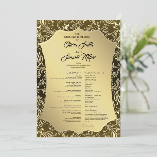 Regal Black Gold Damask Wedding Program (Standing Front)