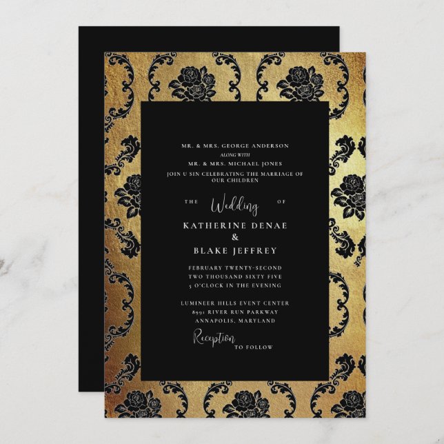 Regal Black & Gold Elegant Both Parents Wedding  Invitation (Front/Back)