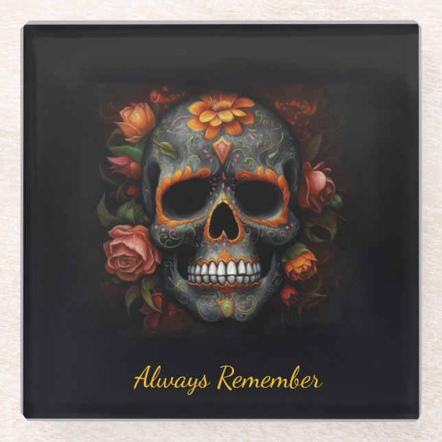 Regal Bloom Sugar Skull, custom Glass Coaster (Front)