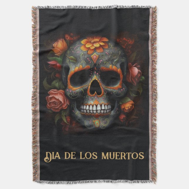 Regal Bloom Sugar Skull, custom Throw Blanket (Front Vertical)