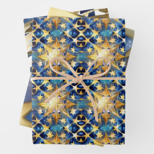 Regal blue and gold holiday wrapping paper combo