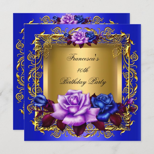 Regal Blue Lilac Roses Gold Elegant Birthday A Invitation (Front/Back)