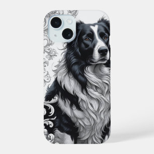 Regal Border Collie with Baroque Floral Frame iPhone 15 Case