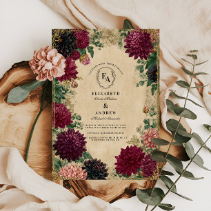 Regal Burgundy Dahlias with Ornate Gold Frame Invitation