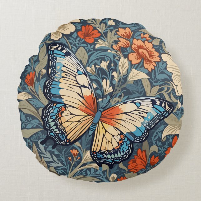 Regal Butterfly Amidst William Morris Floral Round Cushion (Front)