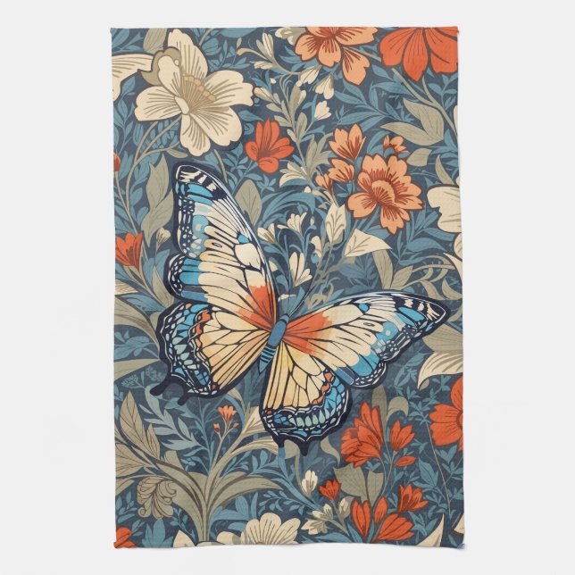 Regal Butterfly Amidst William Morris Floral Tea Towel (Vertical)