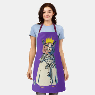 Regal Cat in Crown and Robe Vintage Pop Art Graphi Apron