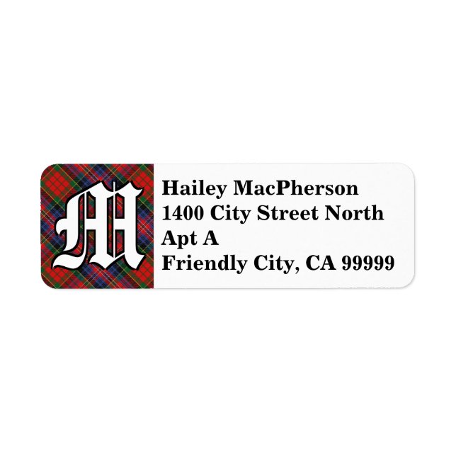 Regal Clan MacPherson Red Tartan Monogram Return Address Label (Front)