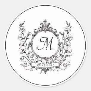 Regal Classic Formal Monogram Crest Wedding  Round Sticker