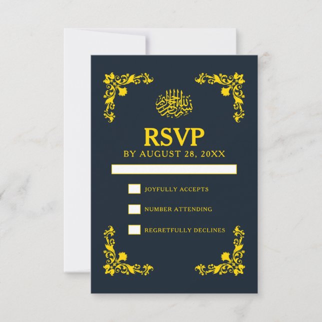 Regal Contrast Midnight Blue & Gold Wedding RSVP Card (Front)
