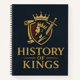 Regal crest logo with crowned king and sword notebook