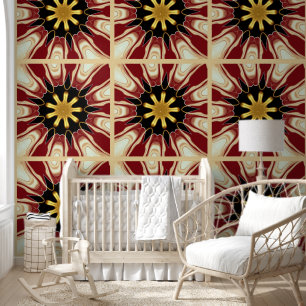 Regal Crimson Starburst: Golden Core Symmetric Des Wallpaper