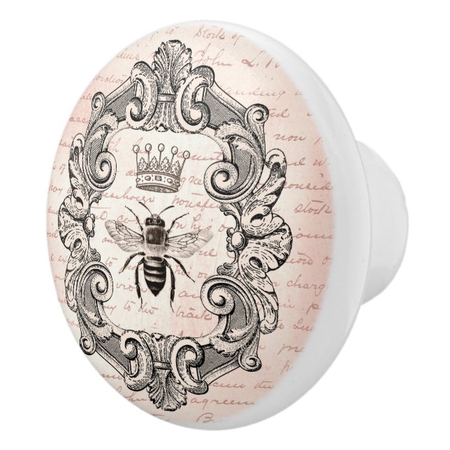 Regal Crown Queen Bee On French Handwriting Ceramic Knob (Right)