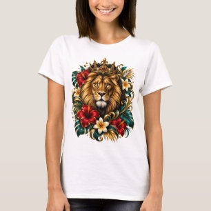 Regal Crowned Lion Tropical Floral Art T-Shirt